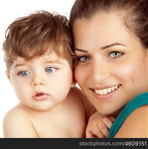 Closeup portrait of young mother and baby boy isolated on white background, cheerful mommy hugging son, adorable infant loving mum, smiling happy woman hold her male child on hands, family love concept&#xA;