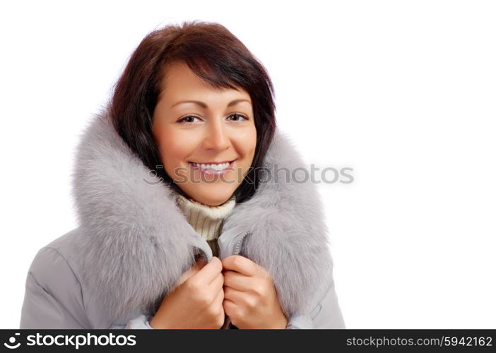 Closeup portrait of young woman in fluffy hood