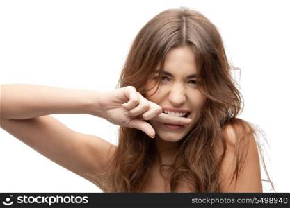 closeup portrait picture of woman biting her finger