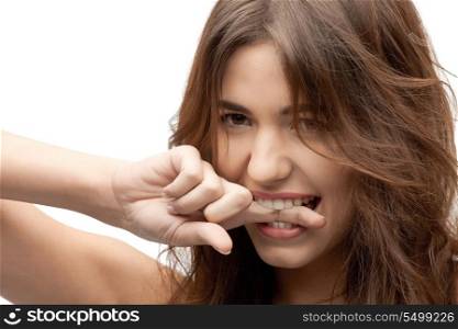 closeup portrait picture of woman biting her finger