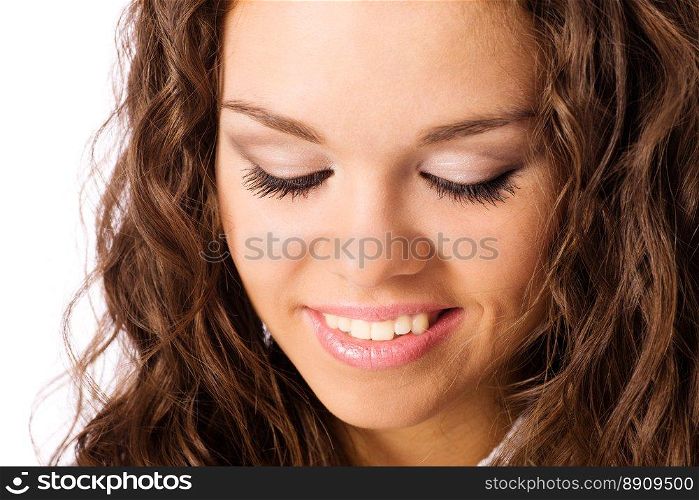 Closeup Portrait Shy Girl with closed eyes isolated