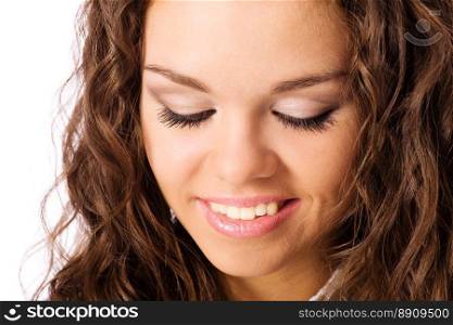 Closeup Portrait Shy Girl with closed eyes isolated