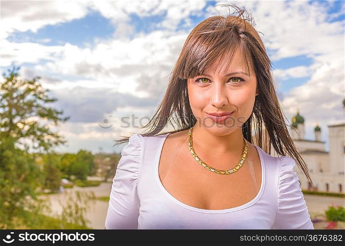 CloseUp Portrait Smiling Brunette Woman Outdoors