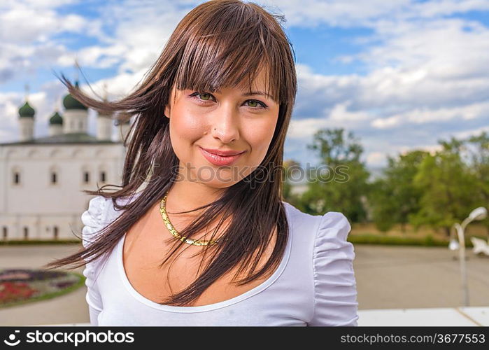 CloseUp Portrait Smiling Brunette Woman Outdoors