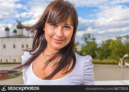 CloseUp Portrait Smiling Brunette Woman Outdoors