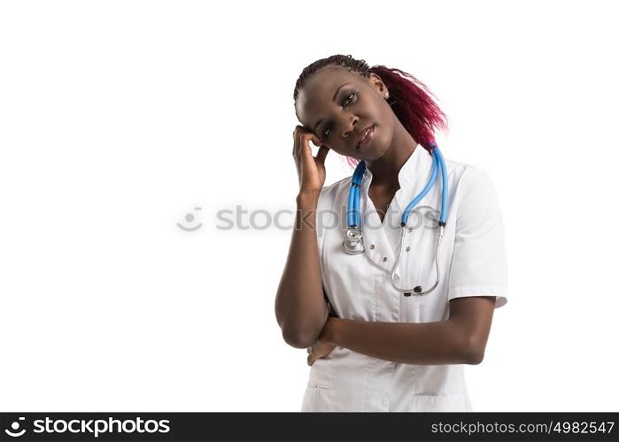 Closeup portrait, young female doctor, health care professional, daydreaming, thinking, looking up at copy space isolated white background. Patient visit health care reform. Human emotion, expression