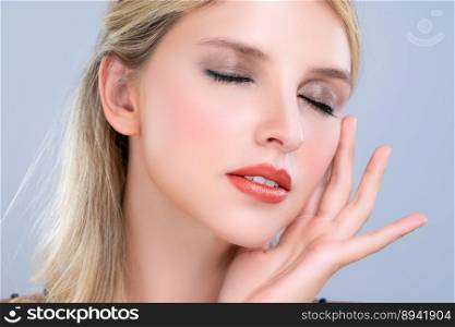 Closeup pretty beautiful woman with alluring perfect smooth and clean skin portrait in isolated background. Hand gesture with expressive facial expression for beauty model concept.. Closeup beautiful woman with alluring perfect smooth and clean skin portrait.