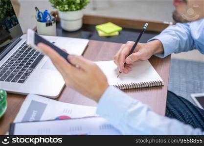 Closeup professional businessman hand pen writing work document strategy on tablet technology indoor workplace office table, adult entrepreneur business man manager person note finance report notepad