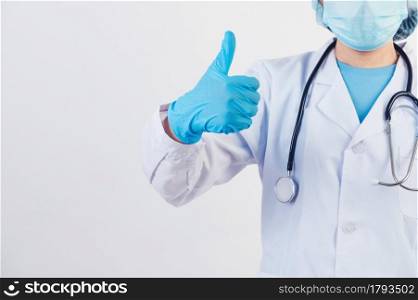 Closeup professional doctors give big thumbs up gesture on white background to patients who treated at hospital or clinic to assure will get well soon. Medical personnel and health people concept.