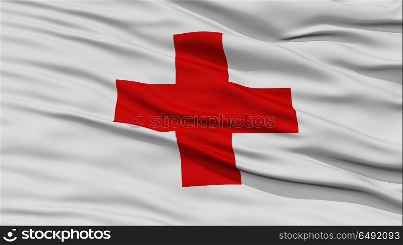 Closeup Red Cross Flag, Waving in the Wind, High Resolution