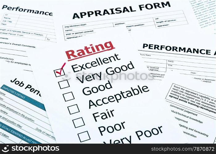 closeup red excellent check mark on rating form, evaluation and assessment concept for human resource and business