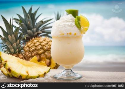 Closeup Refreshing Drink with Cream and Pineapple, Tropical Beach Bar Ambiance. Generative AI.