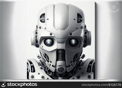 Closeup robotic head part creativity isolated on white background. Concept of portrait ske≤ton robot innovation. Fi≠st≥≠rative AI.. Closeup robotic head part creativity isolated on white background.