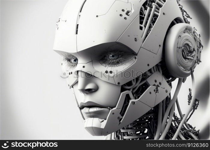 Closeup robotic head part creativity isolated on white background. Concept of portrait skeleton robot innovation. Finest generative AI.. Closeup robotic head part creativity isolated on white background.