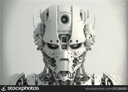 Closeup robotic head part creativity isolated on white background. Concept of portrait skeleton robot innovation. Finest generative AI.. Closeup robotic head part creativity isolated on white background.