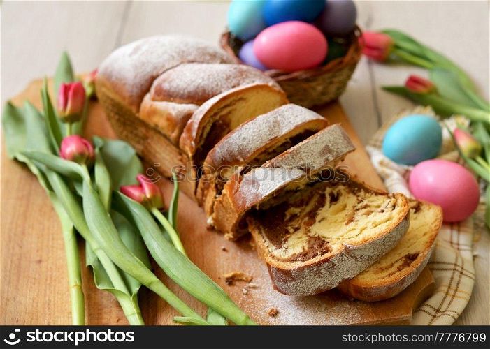 Closeup Romanian Easter bread – Cozonac on Easter Table