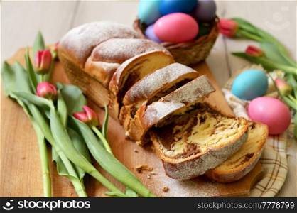 Closeup Romanian Easter bread – Cozonac on Easter Table