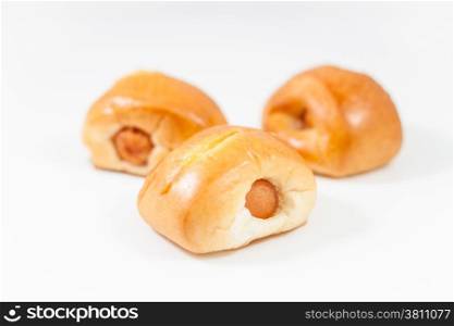 Closeup sausage roll isolated on white background, stock photo