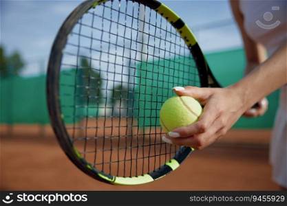 Closeup selective focus on ball and tennis racket in female hand. Private training sports club and professional equipment for game concept. Closeup selective focus on ball and tennis racket in female hand