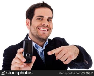 Closeup shot of business man pointing at the mobile on a white background