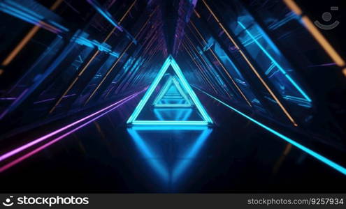 Closeup shot of colorful neon lights forming triangular shapes in perspective. Generative AI AIG21.