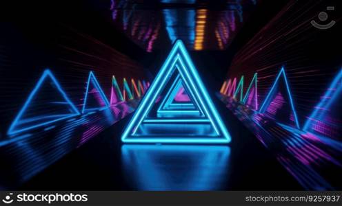 Closeup shot of colorful neon lights forming triangular shapes in perspective. Generative AI AIG21.