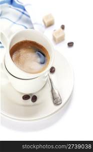 Closeup shot of freshly prepared cup of italian espresso over white