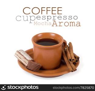 Closeup shot of freshly prepared cup of italian espresso with cinnamon and candy over white background