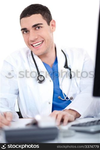 Closeup shot of smiling young physician over white background