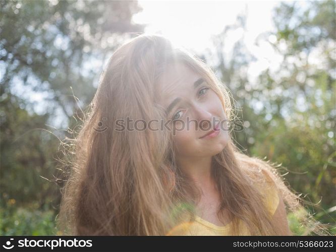 Closeup shot of the pretty girl. Pretty blonde outdoors. Colorized image