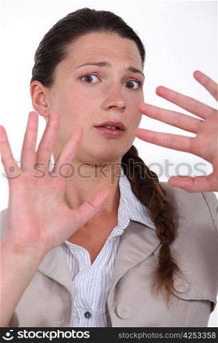 closeup shot of woman expressing refusal with hands