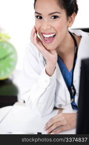 Closeup shot of young asian female doctor in isolated white background