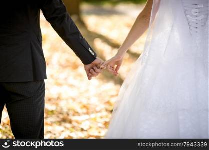 Closeup shot of young bride and groom holding hands at park