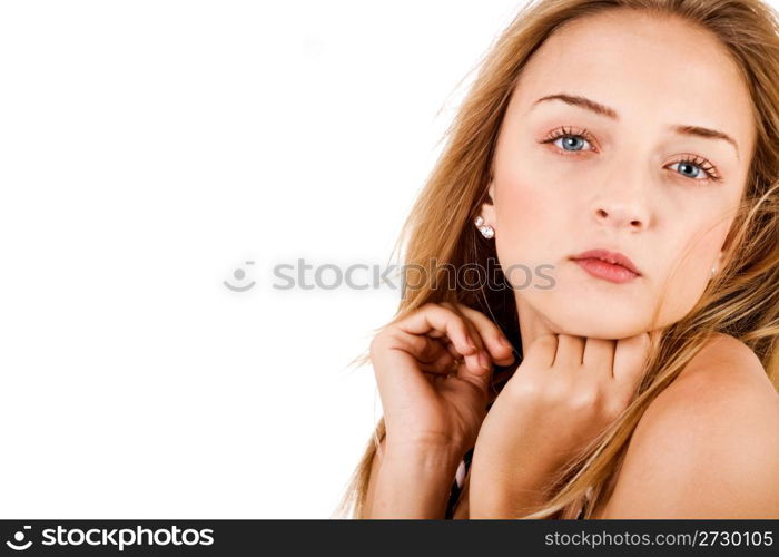 closeup shot of young fashion model on isolated white background