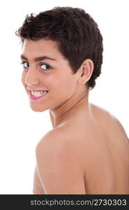 Closeup side view of a teenager on white background