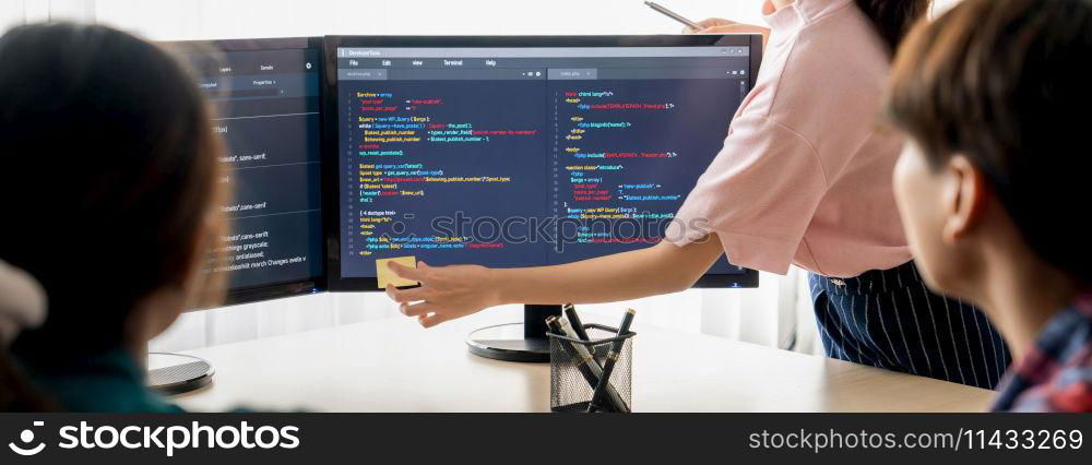 Closeup skilled young female programer present program coding and sharing programing idea while manager listening carefully.at modern office company. Java script, web design concept. Burgeoning.. Female programer present program coding while manager listening. Burgeoning.