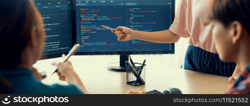 Closeup skilled young female programer present program coding and sharing programing idea while manager listening carefully.at modern office company. Java script, web design concept. Burgeoning.. Female programer present program coding while manager listening. Burgeoning.