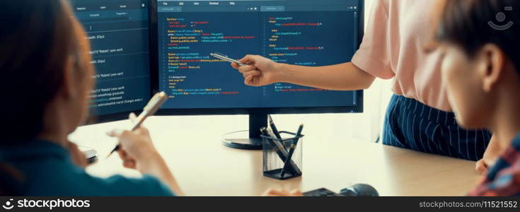 Closeup skilled young female programer present program coding and sharing programing idea while manager listening carefully.at modern office company. Java script, web design concept. Burgeoning.. Female programer present program coding while manager listening. Burgeoning.