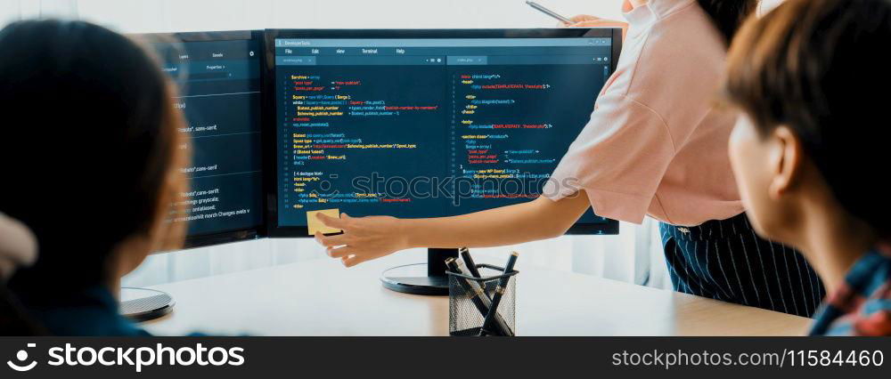 Closeup skilled young female programer present program coding and sharing programing idea while manager listening carefully.at modern office company. Java script, web design concept. Burgeoning.. Female programer present program coding while manager listening. Burgeoning.