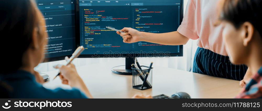 Closeup skilled young female programer present program coding and sharing programing idea while manager listening carefully.at modern office company. Java script, web design concept. Burgeoning.. Female programer present program coding while manager listening. Burgeoning.