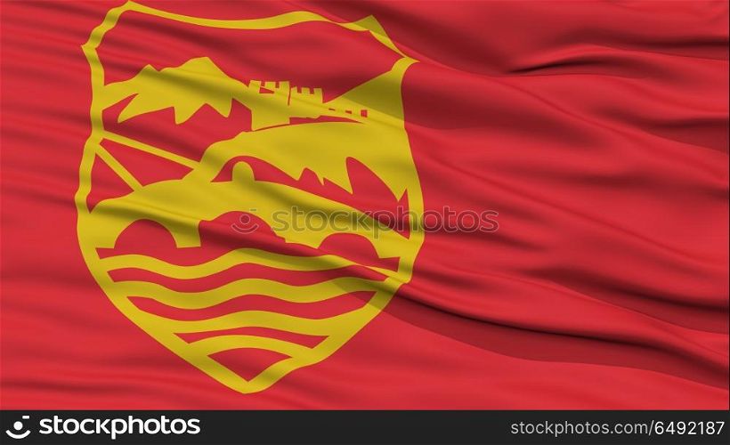 Closeup Skopje City Flag, Capital City of Macedonia, Waving in the Wind