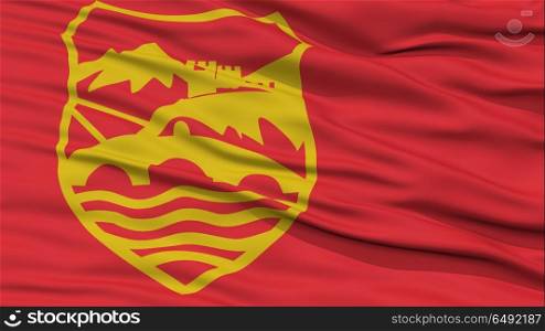 Closeup Skopje City Flag, Capital City of Macedonia, Waving in the Wind