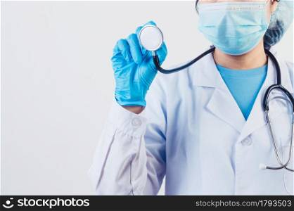 Closeup stethoscope in doctor hands with copy space on white background. Medical people and hospital annual health check concept. Psychologist and general practitioner