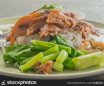 Closeup stewed pork leg on rice, Food of Thailand
