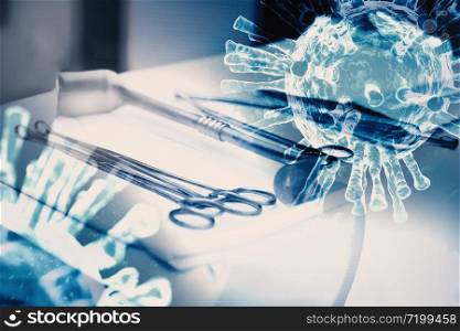 Closeup surgery instrument and sterile tools set with virus in operating room at hospital. Medical and Healthcare concept. Intensive care unit or ICU. Coronavirus infect outbreak and patient treatment