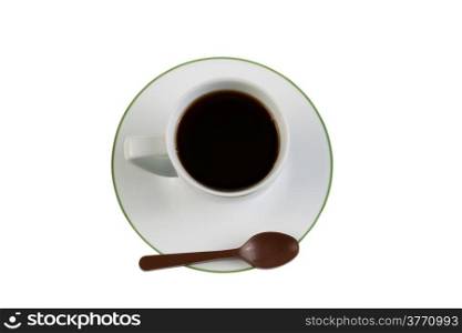 Closeup top view photo of black coffee, in small cup, milk chocolate spoon with saucer underneath isolated on white