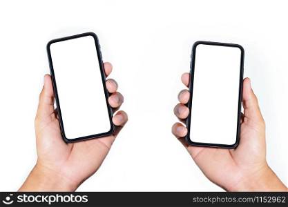 closeup two hand woman holding black smartphone blank screen isolate on white