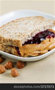 Closeup vertical photo of a peanut butter and jelly sandwich cut in half, inside white plate with whole nuts lying on textured table cloth