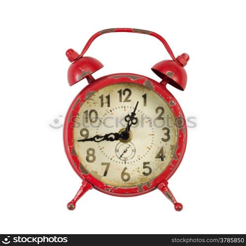 Closeup view of an old table top alarm clock isolated on white