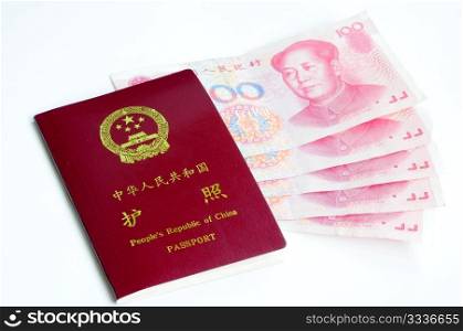 Closeup view of China passport and Chinese currency notes